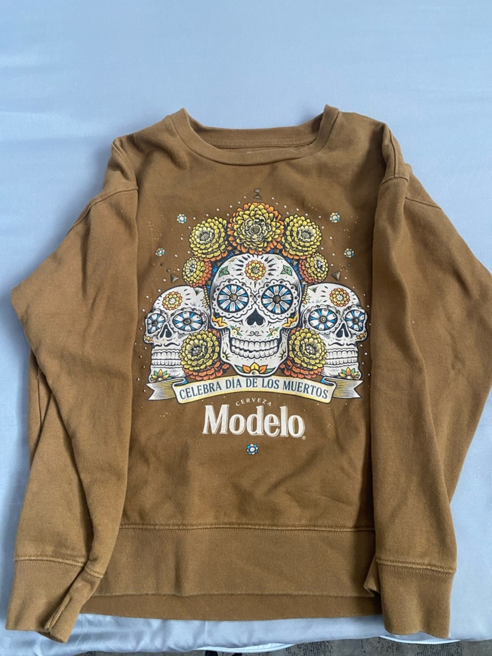 Lucky Brand Brown Crewneck Sweatshirt with Multicolor Sugar Skull Graphic
